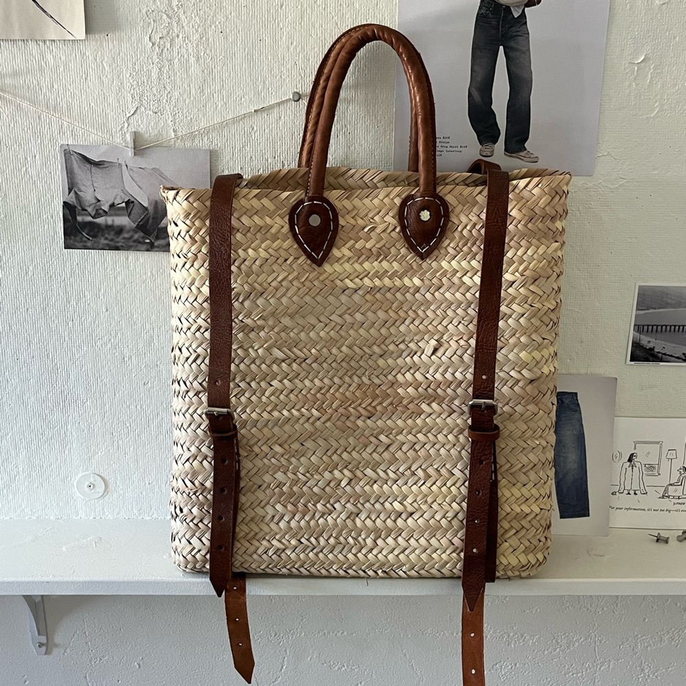 Woven Straw Backpack Tote with Brown Leather Straps - Picture 1 of 11
